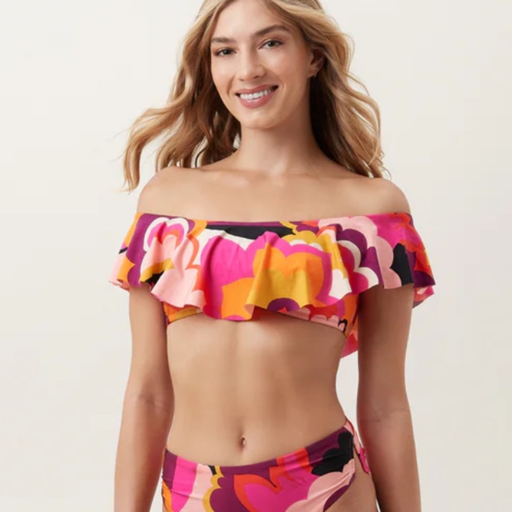 NEW🌸Trina Turk WOMEN'S FAN FAIRE OFF THE SHOULDER RUFFLE BANDEAU SWIM TOP